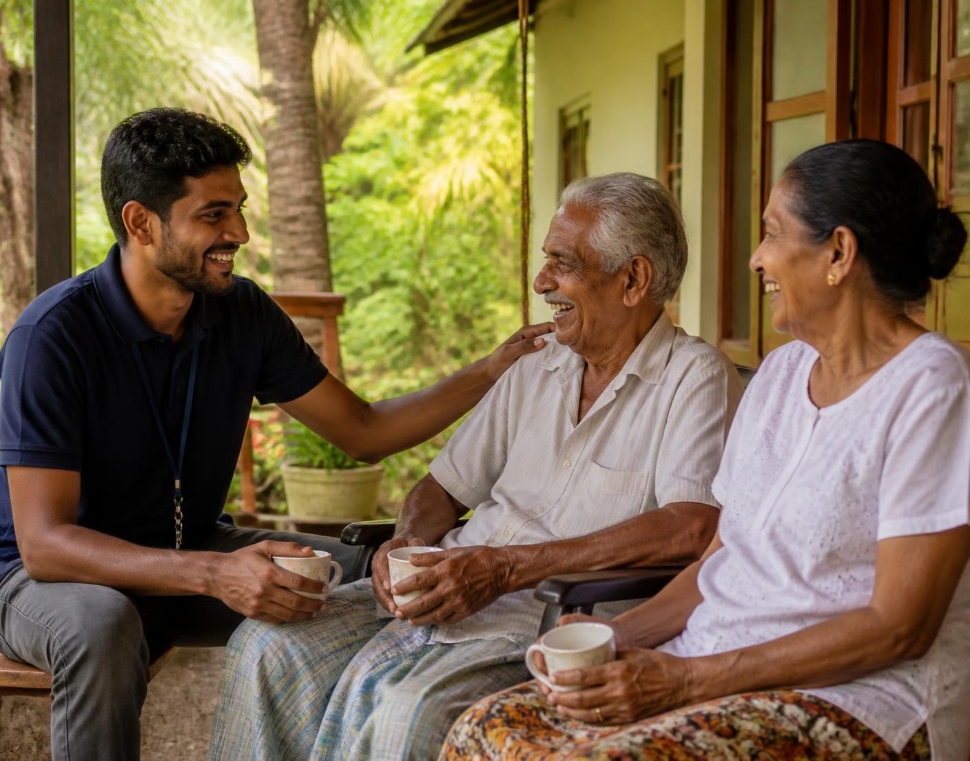 A local representative visiting an elderly couple at home in Sri Lanka
